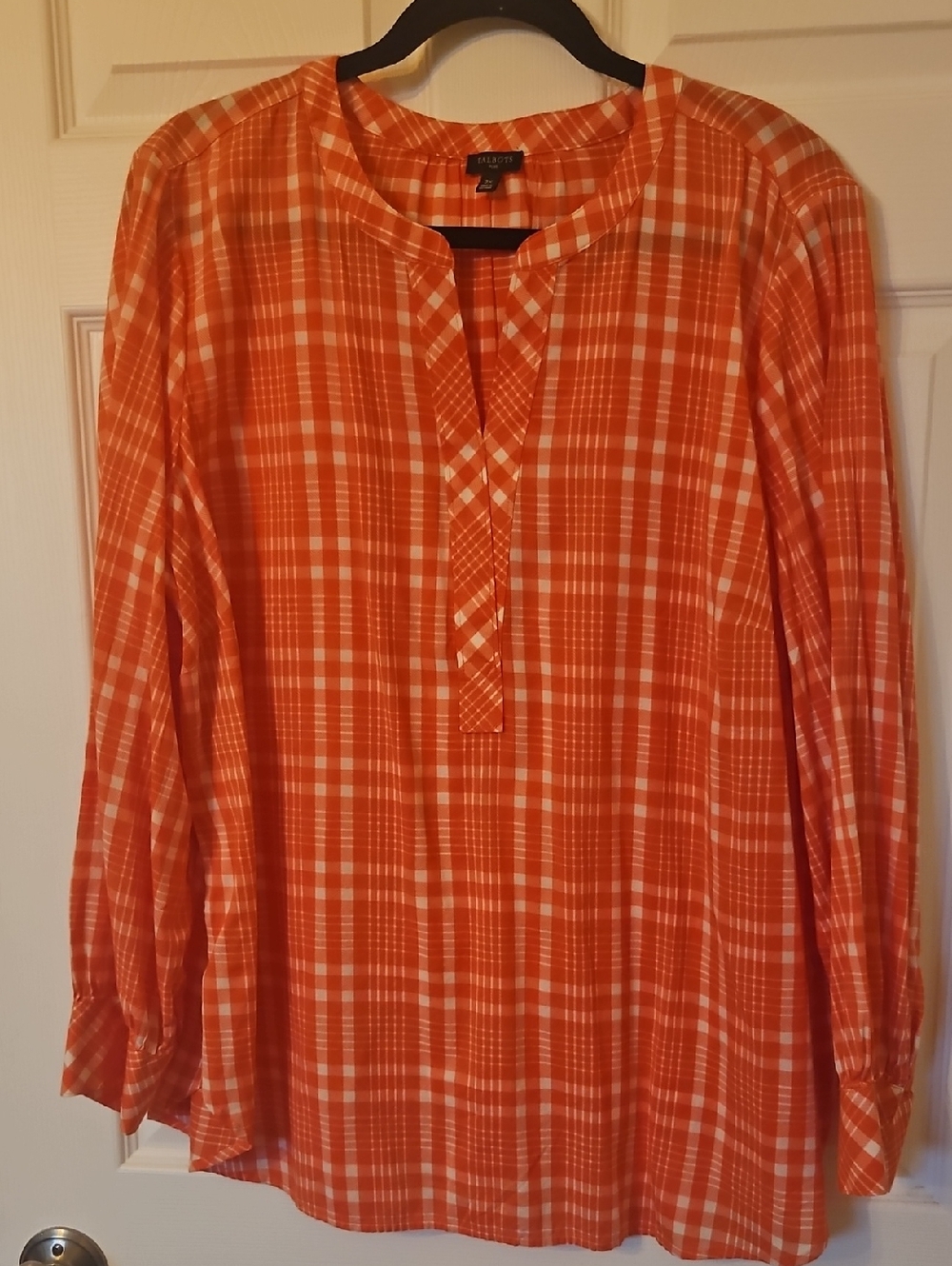 Talbots Orange and White Plaid Split-Neck Tunic